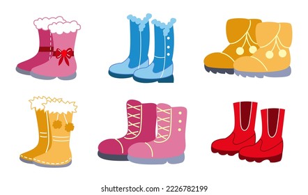 Cute warm boots for children vector illustrations set. Side view of colorful winter boots for boys and girls during cold weather isolated on white background. Fashion, footwear, winter concept