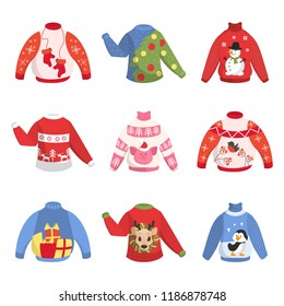 Cute warm christmas sweater for winter weather set. Collection of xmas pullover or jumper. Holiday cozy outfit. Isolated vector illustration in cartoon style.