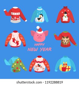 Cute warm christmas sweater for winter weather set. Collection of xmas pullover or jumper. Holiday cozy outfit. Vector illustration in cartoon style.