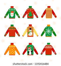 Cute warm christmas sweater for winter weather set. Collection of xmas pullover or jumper. Holiday cozy outfit. Vector illustration in cartoon style.