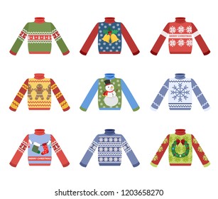 Cute warm christmas sweater for winter weather set. Collection of xmas pullover or jumper. Holiday cozy outfit. Vector illustration in cartoon style.