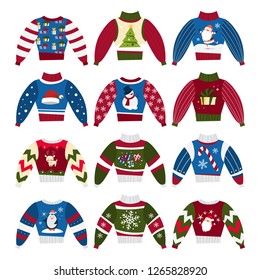 Cute warm christmas sweater for winter weather set. Collection of xmas pullover or jumper. Holiday cozy outfit. Vector illustration in cartoon style.