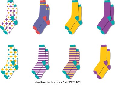 Cute warm colorful socks.Wool winter socks collection. Vector