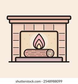 Cute and warm fireplace with burn log, fire and bricks and fire spurs filled vector icon. Cozy interior home winter concept.