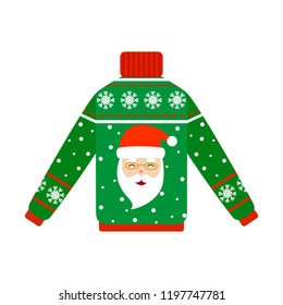 Cute warm green christmas sweater for winter weather. Xmas pullover or jumper. Holiday cozy outfit. Vector illustration in cartoon style.