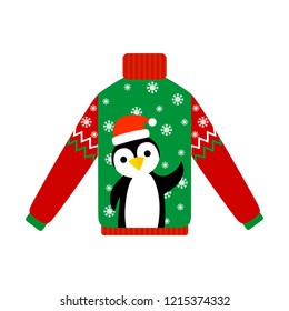 Cute warm green and red christmas sweater for winter weather. Xmas pullover or jumper with penguin. Holiday cozy outfit. Vector illustration in cartoon style.