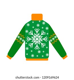 Cute warm green and yellow christmas sweater for winter weather. Xmas pullover or jumper with snowflake. Holiday cozy outfit. Vector illustration in cartoon style.