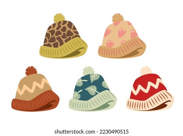 Cute warm hats with pompoms vector illustrations set. Collection of cartoon drawings of colorful caps isolated on white background. Accessories, headwear, fashion, winter concept