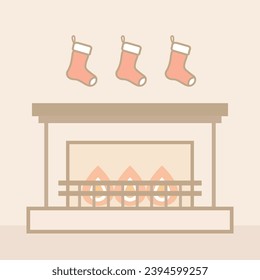 Cálida chimenea minimalista con fuego y calcetines de navidad llenan el icónico arte vectorial.