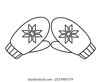 Cute warm mittens with star. Doodle style winter accessories Hand drawn black and white isolated. Vector illustration