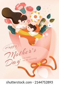 Cute and warm Mother's Day illustration. Mother is hugging her child in a large flower bouquet. Concept of motherhood.