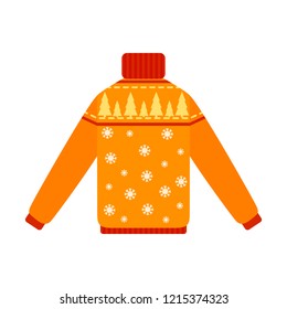 Cute warm orange christmas sweater for winter weather. Xmas pullover or jumper with ornament. Holiday cozy outfit. Vector illustration in cartoon style.