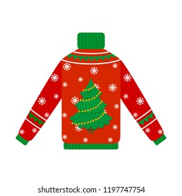 Cute warm red christmas sweater for winter weather. Xmas pullover or jumper with tree. Holiday cozy outfit. Vector illustration in cartoon style.