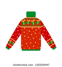 Cute warm red christmas sweater for winter weather. Xmas pullover or jumper with goft box. Holiday cozy outfit. Vector illustration in cartoon style.