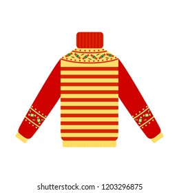 Cute warm red and yellow christmas sweater for winter weather. Xmas pullover or jumper. Holiday cozy outfit. Vector illustration in cartoon style.