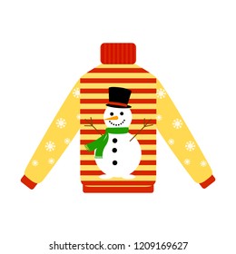 Cute warm red and yellow christmas sweater for winter weather. Xmas pullover or jumper with snowman. Holiday cozy outfit. Vector illustration in cartoon style.