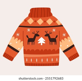 Cute warm sweater in a winter New Year's deer pattern. Red, yellow and brown colors.Can be used for winter design, cards, posters and more.