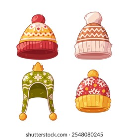 Cute warm winter hats with pom-pom and Christmas ornaments decoration isolated set on white