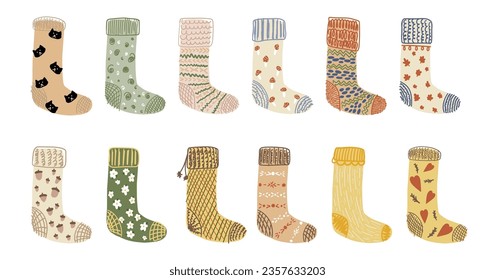 Cute warm wool socks collection. Cozy Christmas aesthetic hand drawing set with printed socks. Autumn or winter elements. Cottagecore vector illustration isolated on white background 