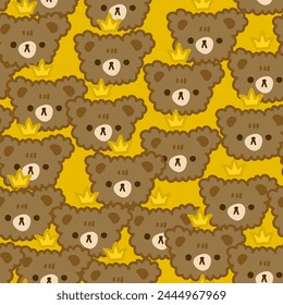 cute warm yellow color background with brown teddy bear face with crown, kids hand drawn kawaii texture, seamless pattern for fabric and textile