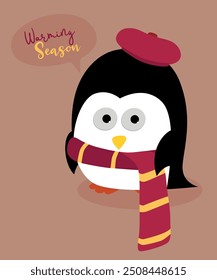 Cute Warming Season Illustration with Penguin and Beret,Scarf