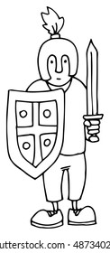 Cute Warrior character, black and white, hand drawn, with shield, sword and helmet, isolated on white, vector illustration