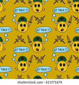 Cute warrior commander with sword emoticon seamless pattern.Cartoon yellow emoji vector background.Modern smiley for textiles,interior design,scrapbook, website background,wrapping,pack paper,cover