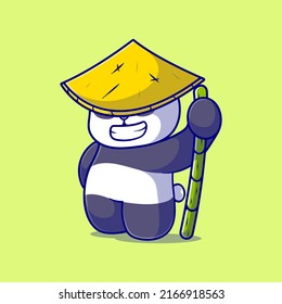 cute warrior panda illustration with bamboo stick suitable for mascot sticker and t-shirt design