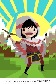 cute warrior with sword in videogame background