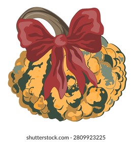 Cute warty squash decorated with a red bow. Autumn pumpkin decor for Thanksgiving or Halloween. Vector isolated illustration.