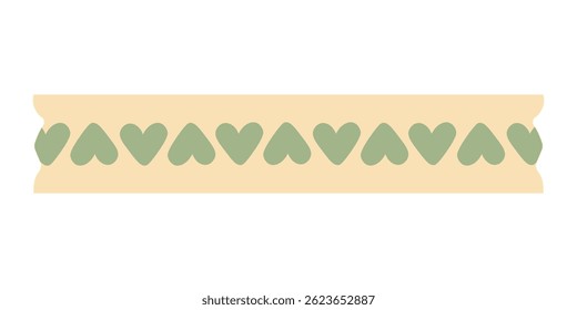 Cute washi tape with green heart pattern on cream background. Flat cartoon vector illustration.