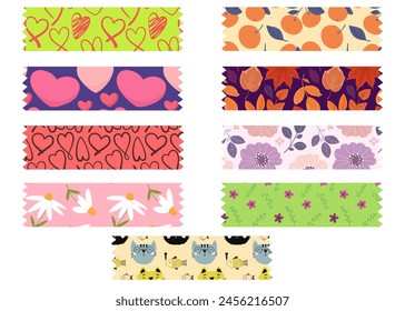 Cute washi tape with hearts, flowers, cats, tangerines. Vector collection of washi tapes.