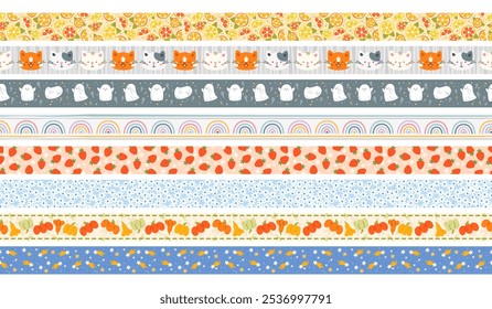 Cute washi tape seamless borders. Paper scrapbooking sticky elements. Decorative patterned scotch ribbons. Diaries and notebooks embellishment. Stationery plaster. Recent