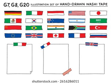 Cute Washi tapes with G20, G8, and G7 flag patterns. Washi tapes are hand-drawn illustrations.