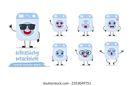 cute washing machine cartoon with many expressions. home appliance different activity pose vector illustration flat design set with sunglasses.