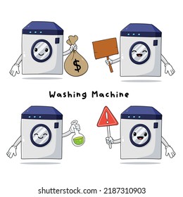 Cute Waschmaschine mit Gesichtskartoon, handgezeichnet, einzeln auf weißem Hintergrund