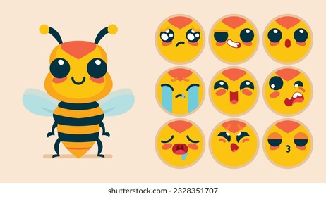 Malas avispas, un conjunto de emociones animales, una pequeña abeja con la coloración de los emojis, durmiendo, llorando, triste, aburrida, feliz, emocionada, adorable, sorprendida, descuidada, segura, aterrada, atónita, avatar del vector Flat