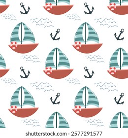 Cute water adventure seamless pattern with boat, anchor and waves. Illustration for kids. Cartoon simple style. Ship, water transport. Vector isolated on white background