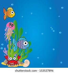 cute water animals on abstract blue background