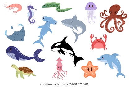 Cute  water animals set for children background. Under the sea, character. Shark, whale, dolphin, seahorse, crab, jellyfish, eel, squid, turtle, octopus, hammer fish, shrimp, star, killer whale