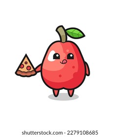cute water apple cartoon eating pizza , cute style design for t shirt, sticker, logo element