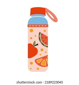 Botella de agua dulce en caso de fruta, estilo de dibujos animados. Ilustración vectorial moderna de moda aislada en fondo blanco, dibujado a mano, diseño plano.