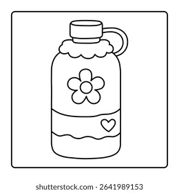 Cute Water Bottle Coloring Page – Kawaii Bottle with Flower and Heart Design