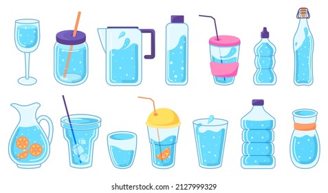 Cute water bottle doodles, reusable drink containers. Bottles, flasks, jugs with iced water or lemon, refreshing summer drink vector set. Illustration of water drink glass