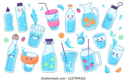 Cute water bottles and glasses, drink containers with funny faces. Healthy summer drinks with ice and lemon, reusable glass bottle vector set. Illustration of container water drink