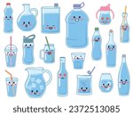 Cute water bottles. Liquid containers with happy smiling faces. Glass and plastic flasks. Ice cubes. Drinking tubes. Cup with straw. Cold beverage. Thirst quenching