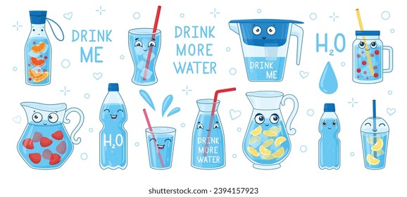 Cute water bottles mascots. Drink more water concept, plastic and glass bottle, glass, and water flask characters flat vector illustration set. Water containers emojis