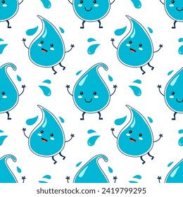 Cute water cartoon drops characters. Seamless pattern.