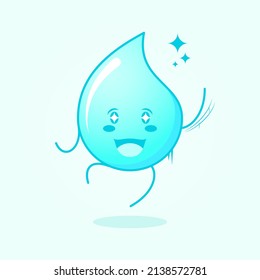 cute water cartoon with happy expression. jump, one hand up, mouth open and sparkling eyes. suitable for logos, icons, symbols or mascots. blue and white
