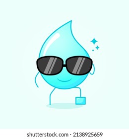 cute water cartoon with smile expression. black eyeglasses, one leg raised and one hand holding glasses. suitable for logos, icons, symbols or mascots. blue and white